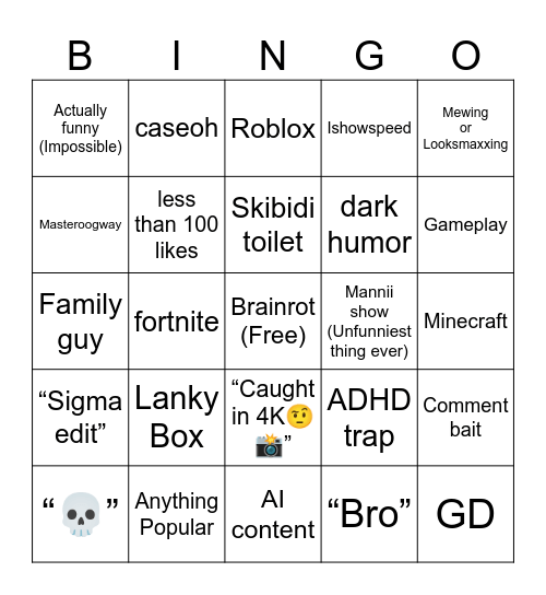 YT shorts bingo Card