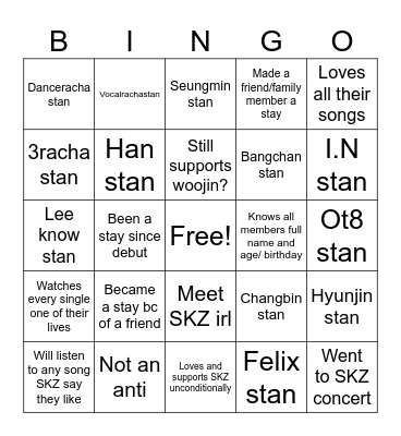 Stray kids bingo Card