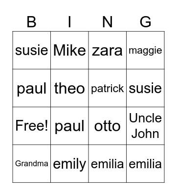 Family Bingo Card