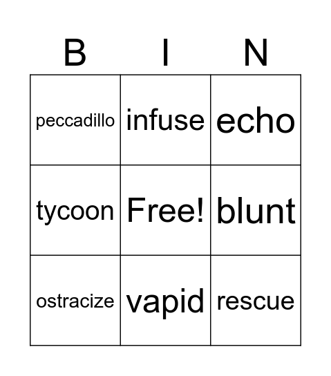 Vocabulary May 27 - June 2 Bingo Card