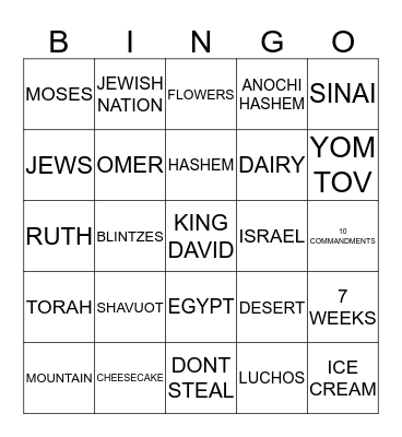 SHAVUOT @ CHILDWALL 2016 Bingo Card