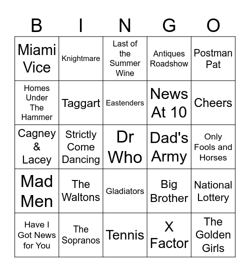 TV Theme Bingo Card