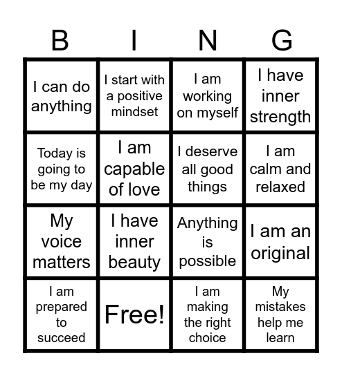 Positive Affirmation Bingo Card