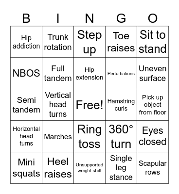 Exercise and balance Bingo Card