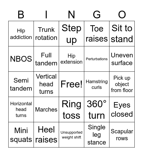 Exercise and balance Bingo Card