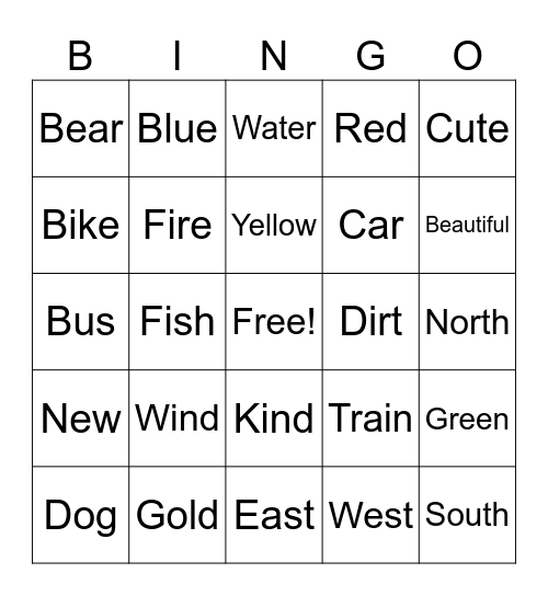 English Bingo Card