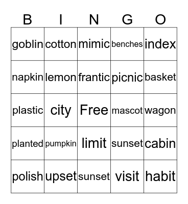2 syllable BINGO Card