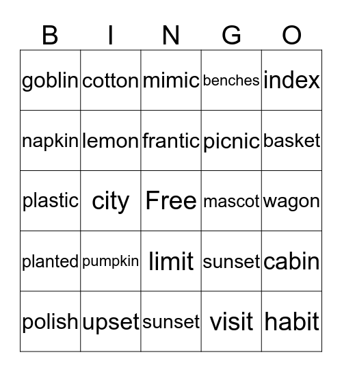 2 syllable BINGO Card