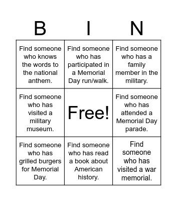 Memorial Day Bingo (L2) Bingo Card