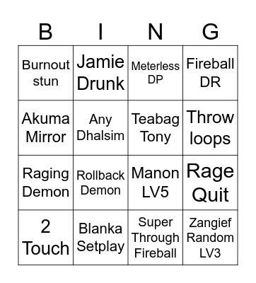 Street Fighter BINGO Card