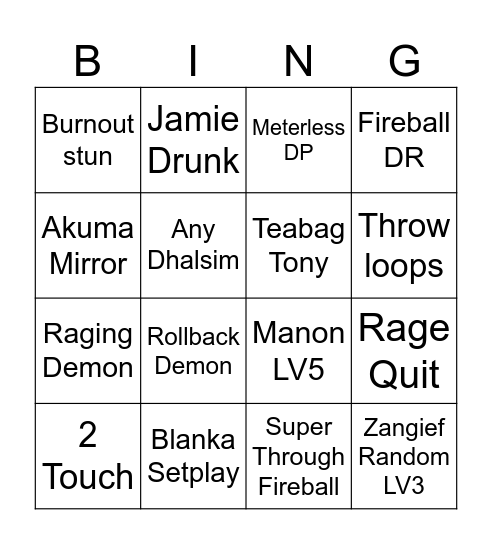 Street Fighter BINGO Card