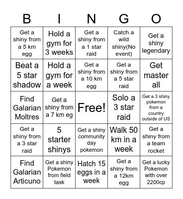 Pokemon go Bingo Card