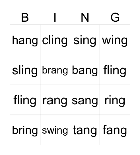 -ing -ang Words Bingo Card