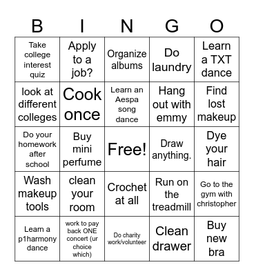 mini goals(?) month goal(?) Bingo Card