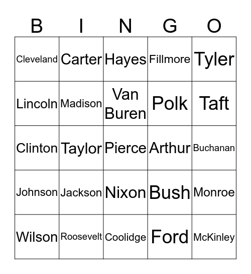 US PRESIDENTS Bingo Card