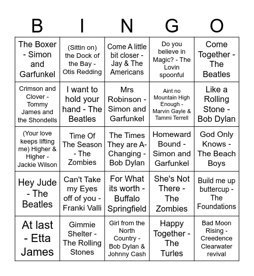 60's hits Bingo Card