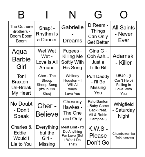 90's Bingo Card