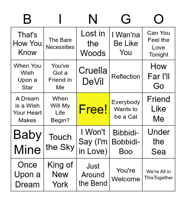 Disney Songs Bingo Card