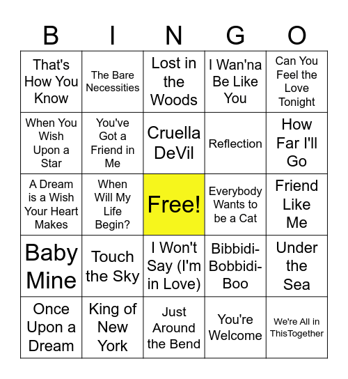 Disney Songs Bingo Card