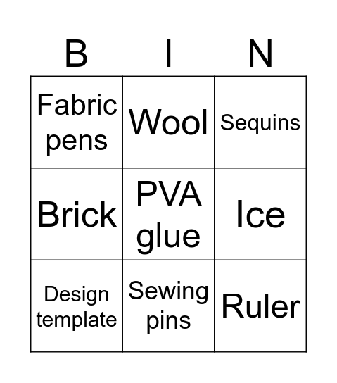 Materials Bingo Card