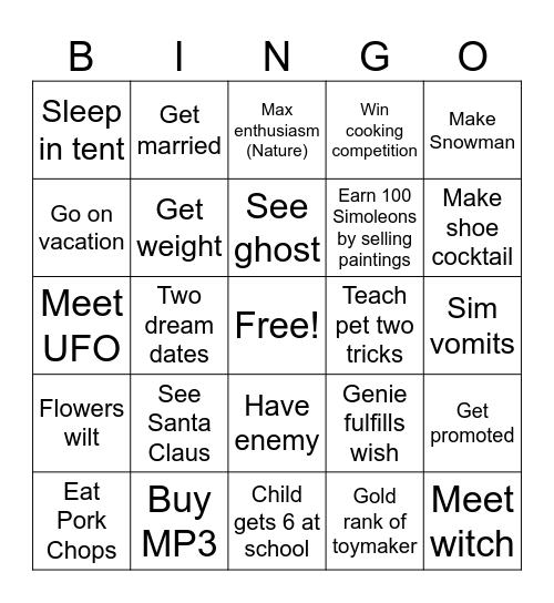 Sims 2 BINGO (part 1) Bingo Card