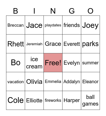 Summer vacation Bingo Card