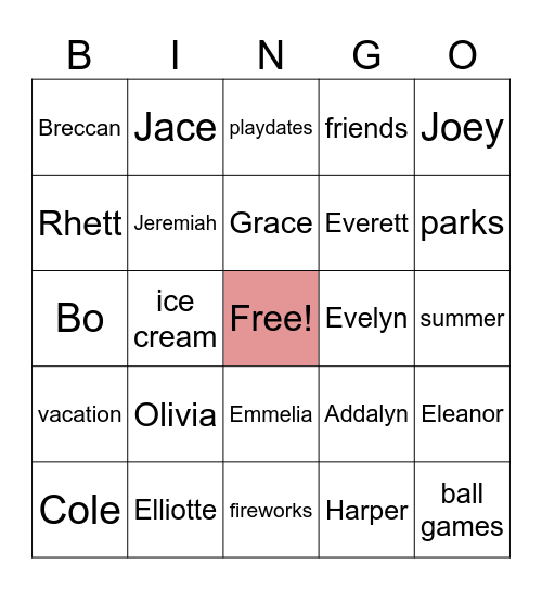 Summer vacation Bingo Card