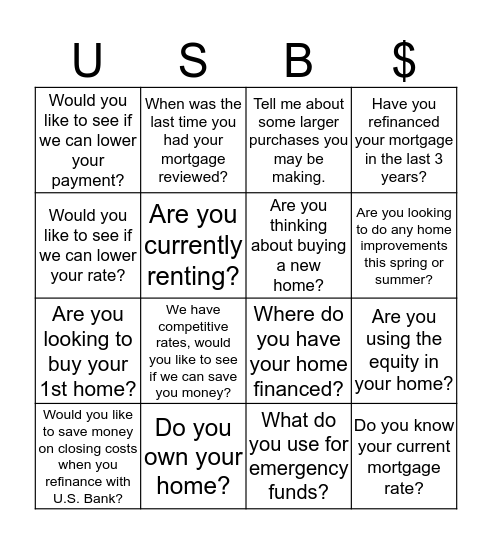 Mortgage Bingo Card