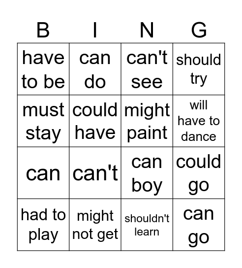 modals Bingo Card
