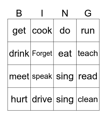 Verbs Bingo Card