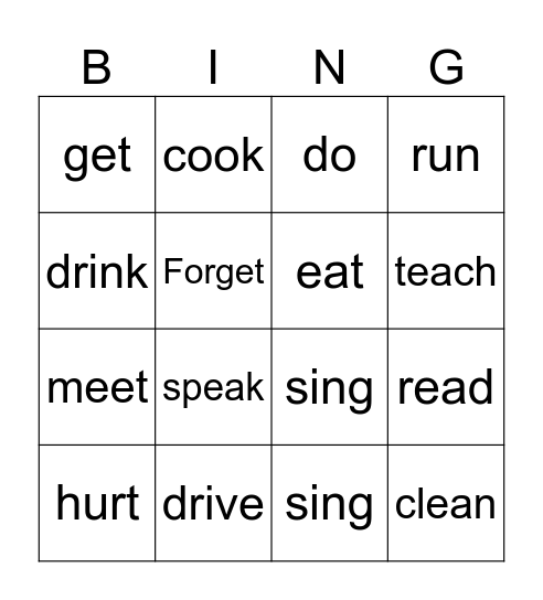 Verbs Bingo Card