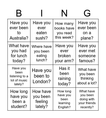 Present Perfect Bingo Card