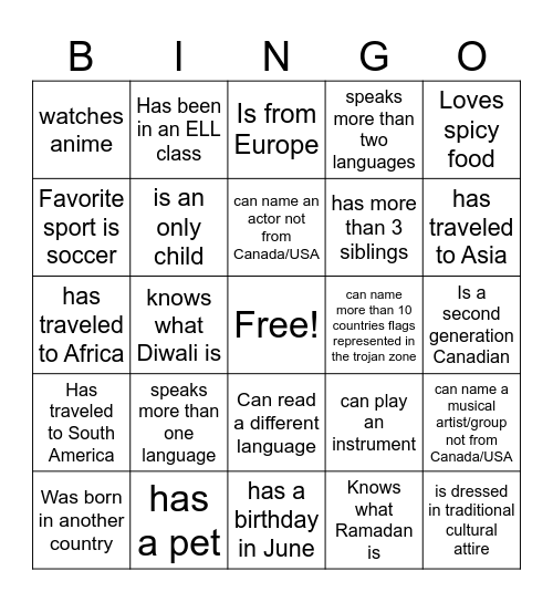 Cultural Night Bingo Card