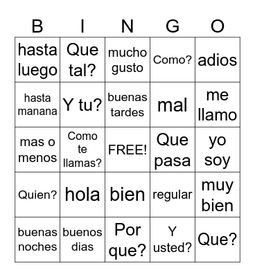 Spanish Vocabulary Bingo Card