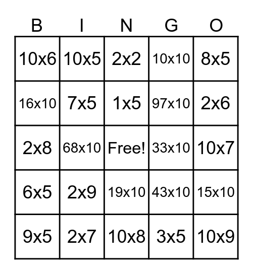 Multiplying by 2, 5, and 10 Bingo Card