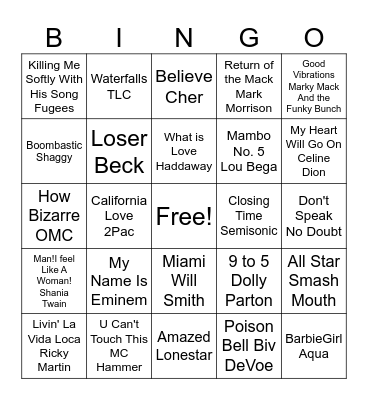 90s Music Bingo Card
