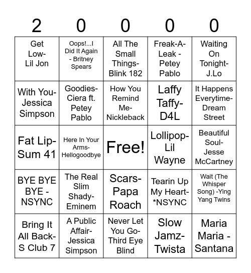 2000s Music Bingo Card