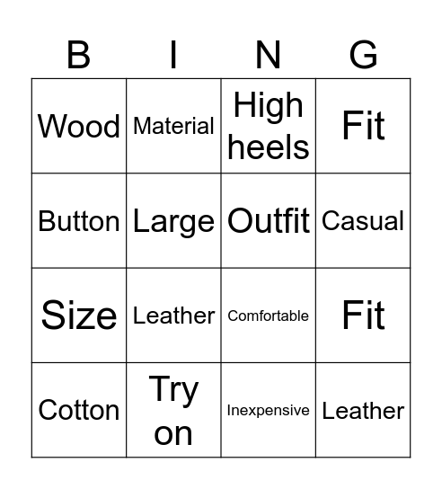 Fashion Bingo Card