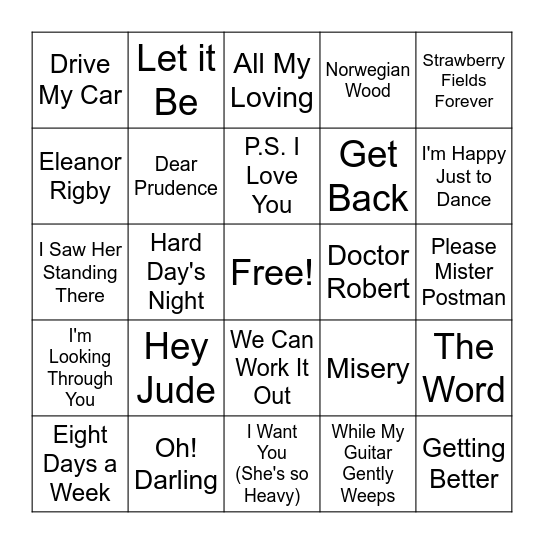 Beatles Bingo Card