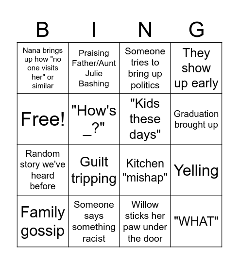 Family Gathering Bingo Card