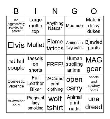White Trash Bingo Card