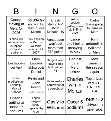 F1 Eve Bingo card Bingo Card