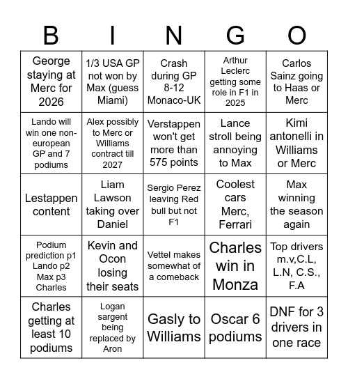 F1 Eve Bingo card Bingo Card