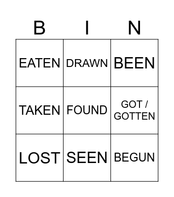 Irregular Verbs Bingo Card