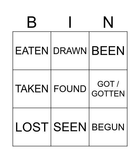 Irregular Verbs Bingo Card