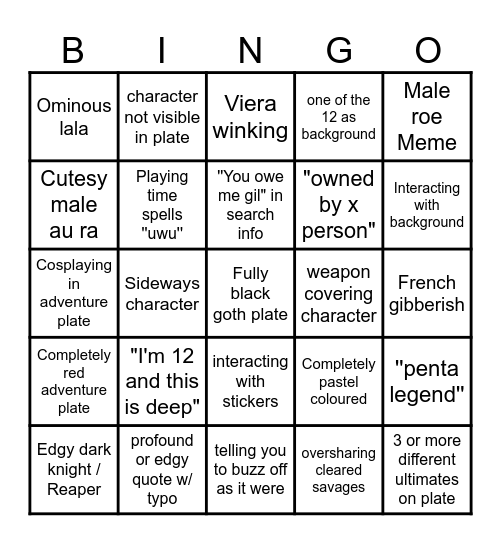 Adventure Plate Bingo Card