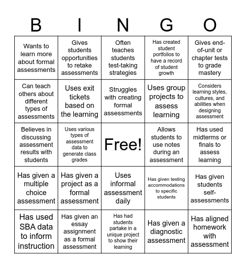 Assessment Bingo Card