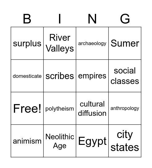 Neolithic Age Bingo Card