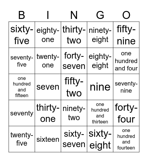 Number Words 1-120 Bingo Card