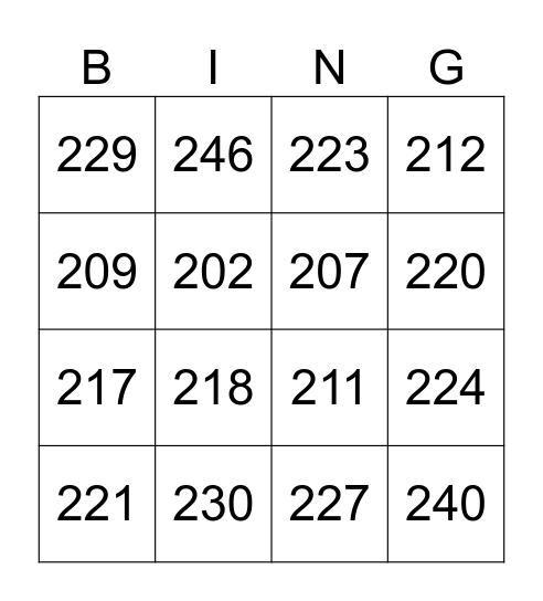 Numbers 201 to 250 Bingo Card